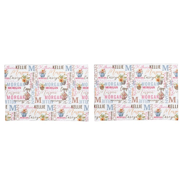 Housse D'oreillers Fleurs peintes avec nom et collage Monogramme (devant-Set)