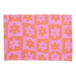 Housse D'oreillers Fleurs roses orange rétro déformées sur damier