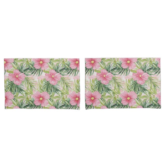 Housse D'oreillers Fleurs roses tropicales Grandes vertes (devant-Set)