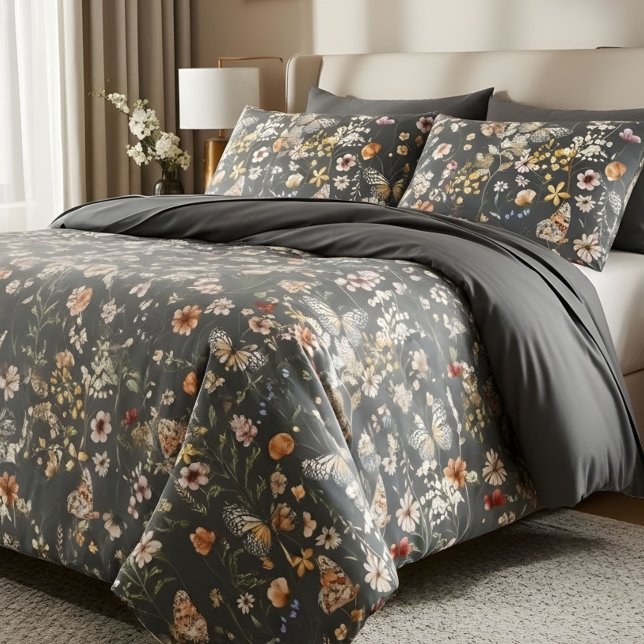 Housse D'oreillers Fleurs sauvages boho grises au charbon moderne (Créateur téléchargé)