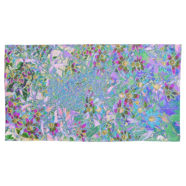 Housse D'oreillers Fleurs sauvages rétro violet, vert et bleu sur ros (devant-gauche)