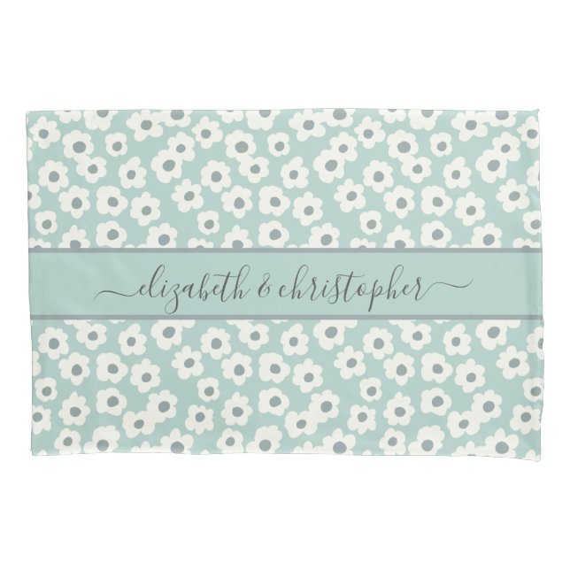 Housse D'oreillers Fleurs vert sauge blanc gris Boho Monogramme  (devant-gauche)
