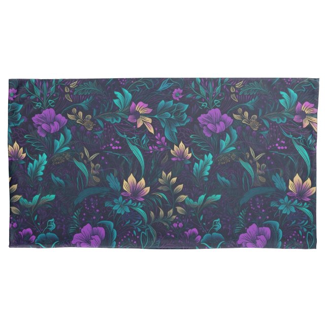 Housse D'oreillers Fleurs violettes et Feuilles Turquoises (devant-gauche)