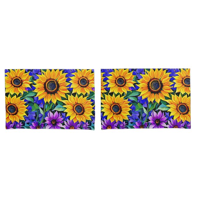 Housse D'oreillers Fleurs violettes et tournesols jaunes Floral (devant-Set)
