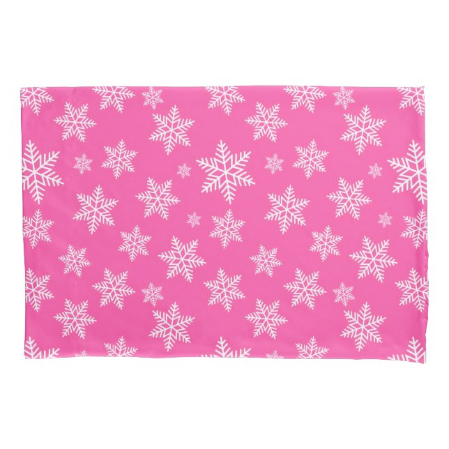 Housse D'oreillers Flocons blancs sur motif d'hiver rose (devant)