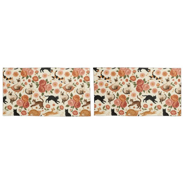 Housse D'oreillers Floral Felines: Cozy Cats & Blooms Pattern (Dos-Set)