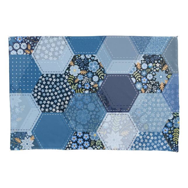 Housse D'oreillers Floral, patchwork de denim : motif bleu. (devant)