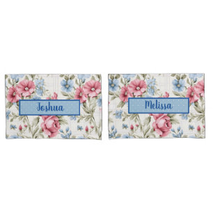 Housse D'oreillers Floral rose et bleu ciel - Pointe Polka - Monogram