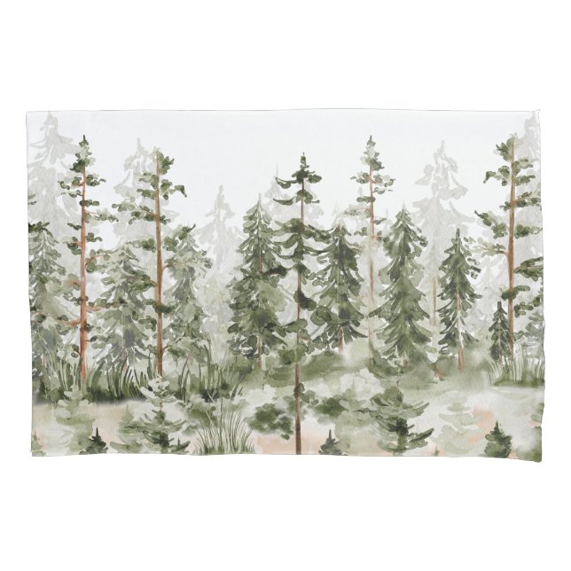 Housse D'oreillers Forêt verte rustique à l'aquarelle (devant)