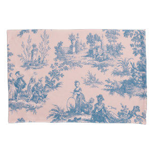 Housse D'oreillers French toile de jouy bleu et rose élégant