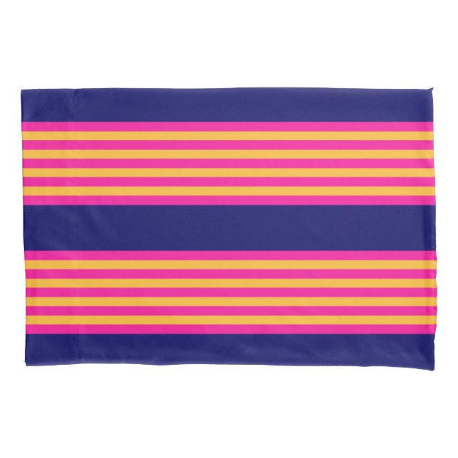Housse D'oreillers Fuchsia et rayures jaunes avec bleu marine (devant)