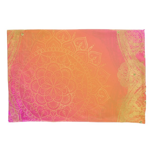 Housse D'oreillers Fuchsia Pink Orange & Gold Indian Mandala Glam (devant)