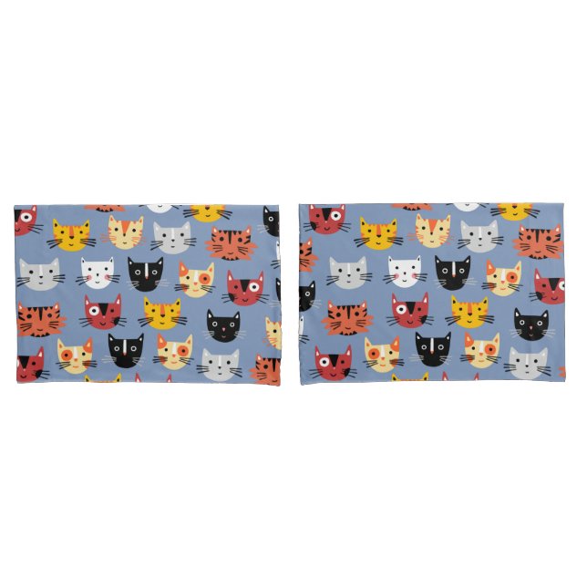 Housse D'oreillers Fun Kitty Chat Motif Bleu (devant-Set)