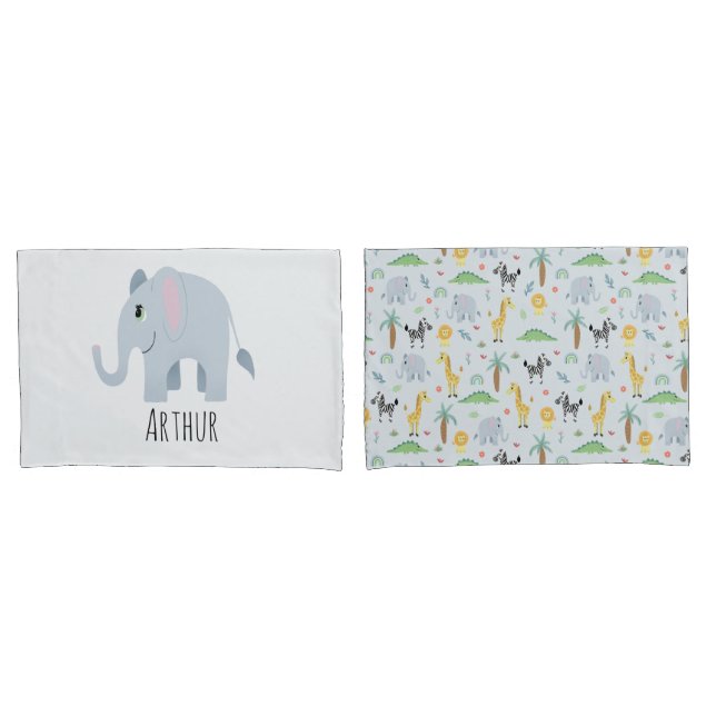 Housse D'oreillers Garçons Cute Safari Animaux Elephant Nom Enfants (devant-Set)