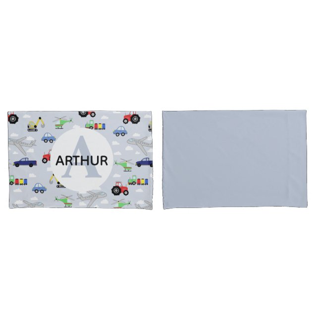 Housse D'oreillers Garçons Transport Motif Monogramme Nom de voiture  (devant-Set)