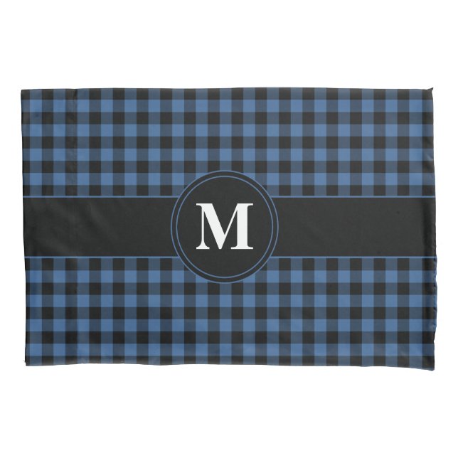 Housse D'oreillers Gingham Bleu Et Noir Monogramme Classique (devant)