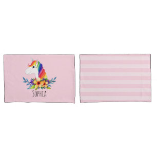 Housse D'oreillers Girls Cute Rainbow Watercolor Unicorn & Name Kids
