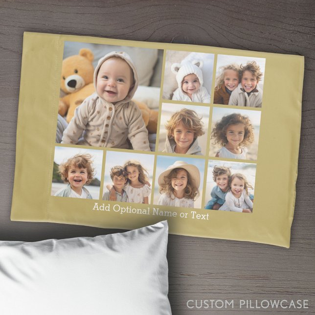 Housse D'oreillers Gold 9 Photo Carré Collage - avec texte blanc (Create Your Own Photo Collage Pillowcase)