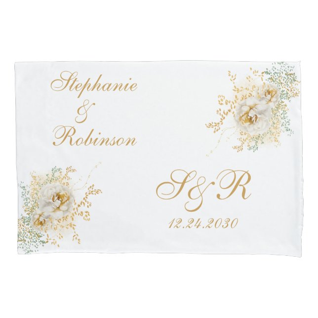 Housse D'oreillers Gold Floral Monogramme Logo Mariage Coussin cadeau (devant)