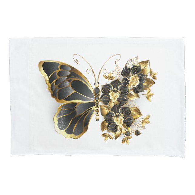 Housse D'oreillers Gold flower Butterfly with Black Orchid (devant)