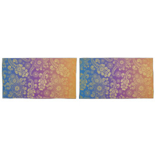 Housse D'oreillers Golden Luxury Paisley on Blue, Purple et Orange