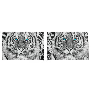 Housse D'oreillers Graphique noir et blanc de tigre d'yeux bleus