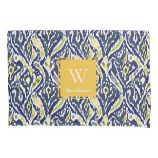 Housse D'oreillers Gras bleu jaune Abstrait Ikat Monogramme