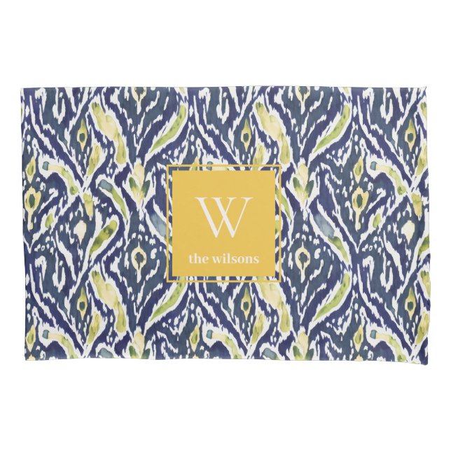 Housse D'oreillers Gras bleu jaune Abstrait Ikat Monogramme (devant)