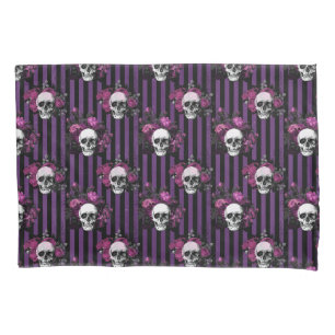 Housse D'oreillers Halloween Crânes rayés floraux violets et noirs