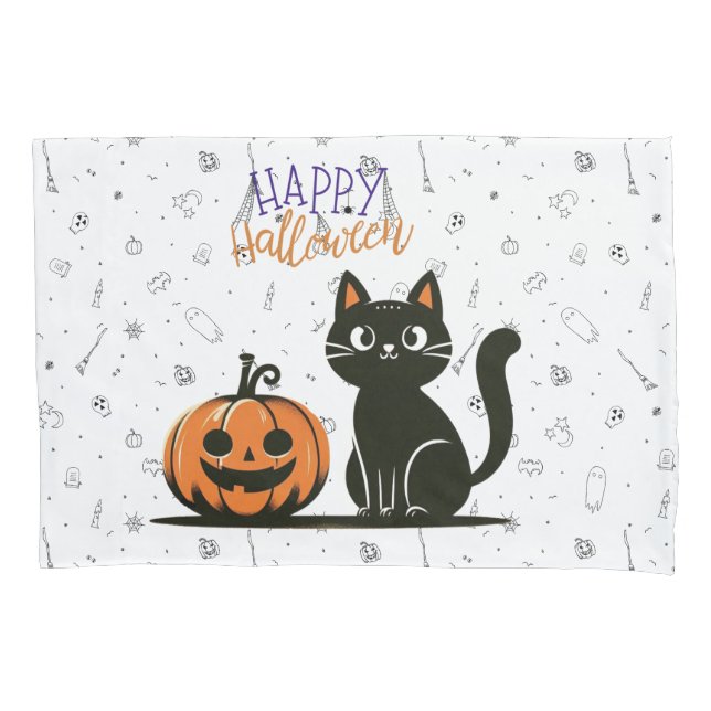 Housse D'oreillers Happy Halloween chat et citrouille (devant)