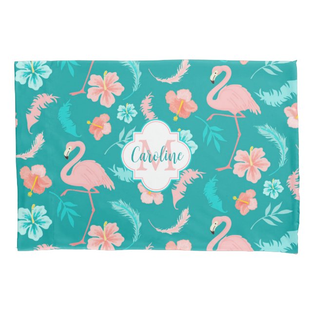 Housse D'oreillers Hibiscus Flamant rose rose Tropical Turquoise (devant)