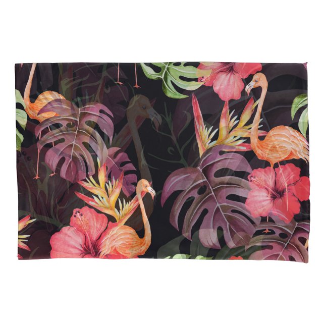 Housse D'oreillers Hibiscus, Flamants roses, Aquarelle Motif tropical (devant)