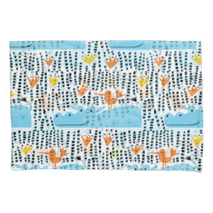 Housse D'oreillers Hippos Birds Lake : Motif Vintage.