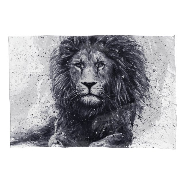 Housse D'oreillers Illustration en noir et blanc de lion. (devant)