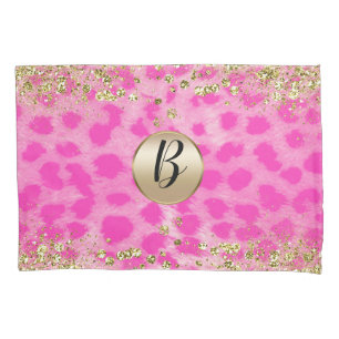 Housse D'oreillers Imprimé léopard rose paillettes dorées monogramme