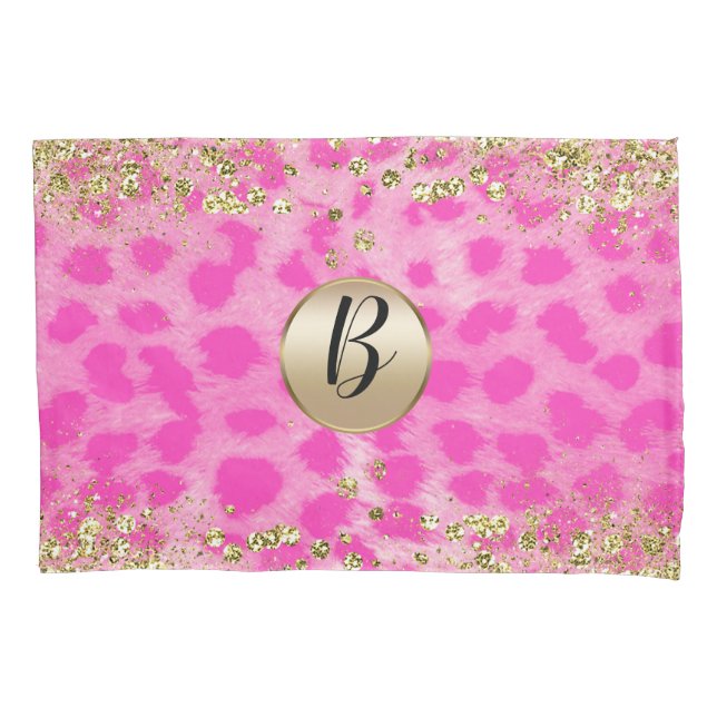 Housse D'oreillers Imprimé léopard rose paillettes dorées monogramme (devant)