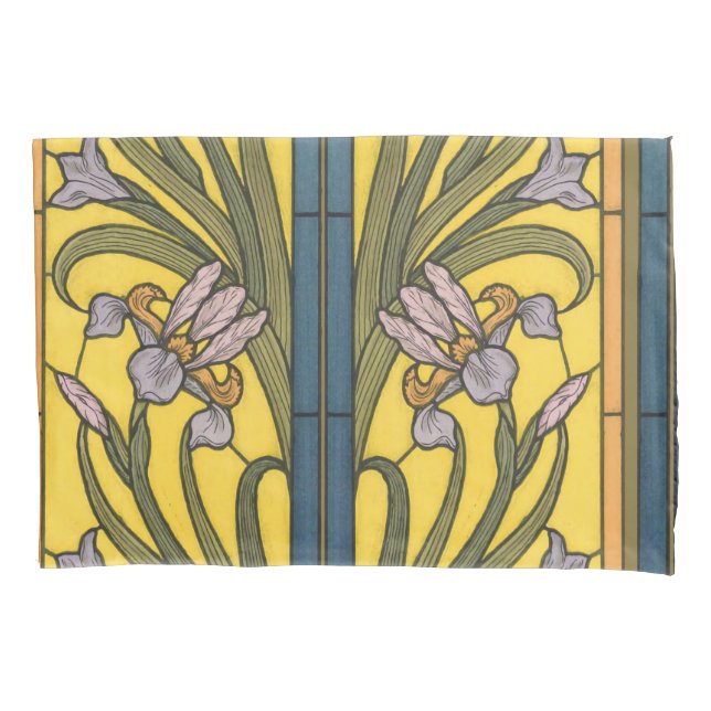 Housse D'oreillers Iris Fleur Art Nouveau Vitrail Bleu Or (devant)