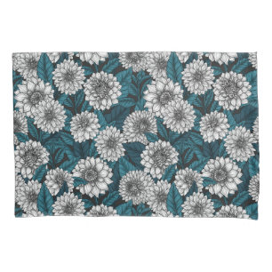 Housse D'oreillers Jardin blanc Dahlia / feuilles bleus 2