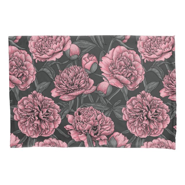 Housse D'oreillers Jardin de pivoine nocturne rose et gris (devant)
