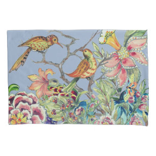 Housse D'oreillers Jardin Floral Oriental avec Oiseaux Chinoiserie Bl