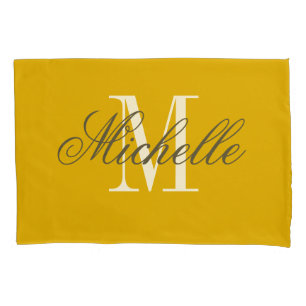 Housse D'oreillers Jaune moutarde monogramme élégant personnalisé