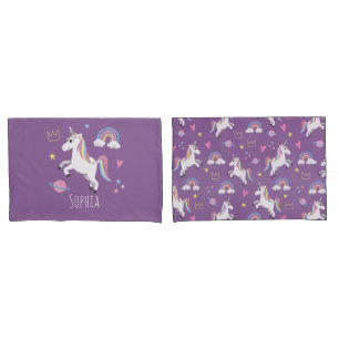 Housse D'oreillers Jeunes filles mauves Unicorn Arc en ciel et nom Ki