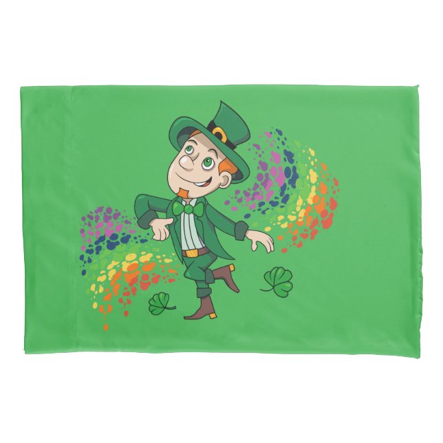 Housse D'oreillers Joli et souriant dancing leprechaun, un arc-en-cie (devant)