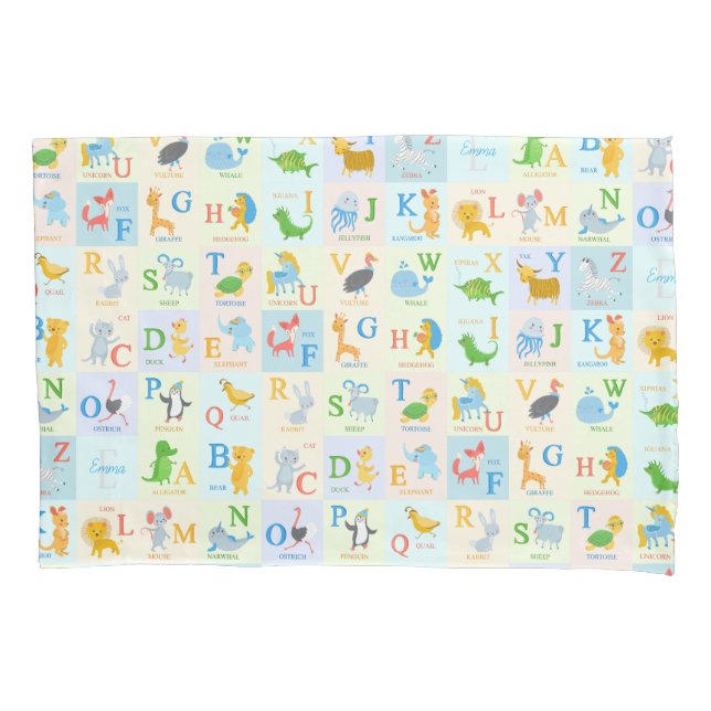 Housse D'oreillers Joli Motif ABC Animal Alphabet avec prénom (devant)
