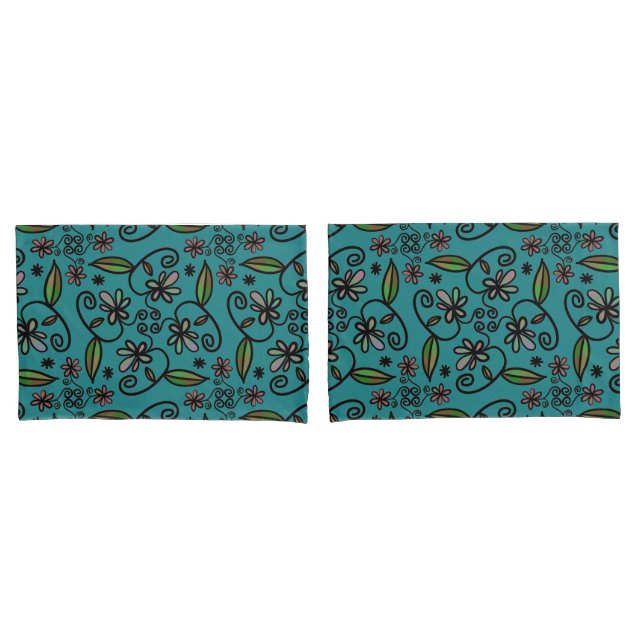 Housse D'oreillers Joli motif floral sarcelle (devant-Set)