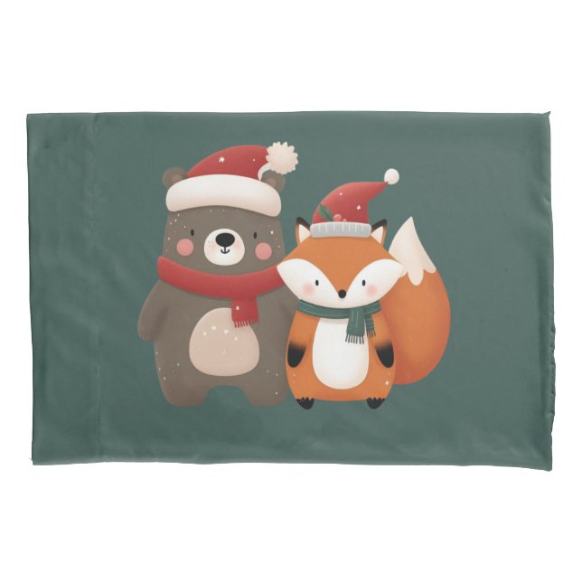 Housse D'oreillers Joli Ours et Renard de Noël/Hiver (devant)