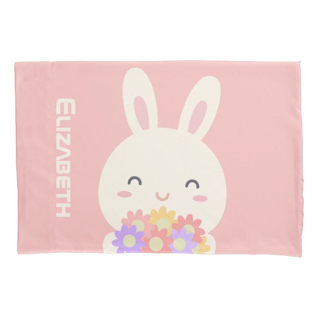 Housse D'oreillers Joli Petit Lapin Cartoon & Fleurs Pour Filles Rose (devant)