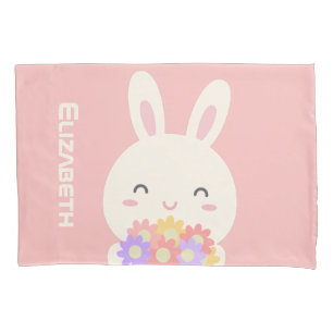 Housse D'oreillers Joli Petit Lapin Dessin Et Fleurs Pour Filles Rose