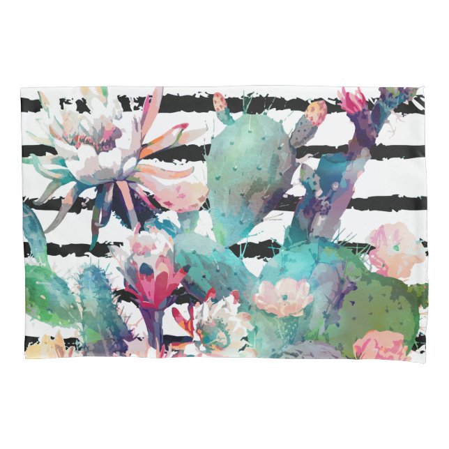Housse D'oreillers Jolie aquarelle Cactus Floral Black Stripes (devant)