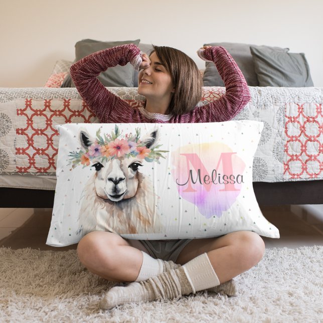 Housse D'oreillers Jolie Llama Animal mignonne Fleur sauvage rose Mon (Cute Kid's bedroom Llama Farm Animal Alpaca Wildflower Monogram sweet pink.)